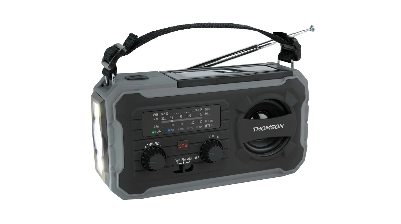 Přenosné outdoorové rádio Thomson RT280G v šedém provedení s teleskopickou anténou, popruhem a rozsvícenou boční svítilnou.