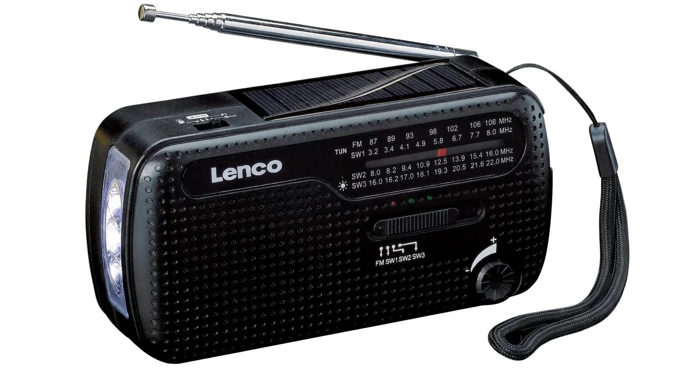 Černé přenosné rádio Lenco MCR-113BK se solárním panelem, vestavěnou svítilnou, teleskopickou anténou a poutkem.