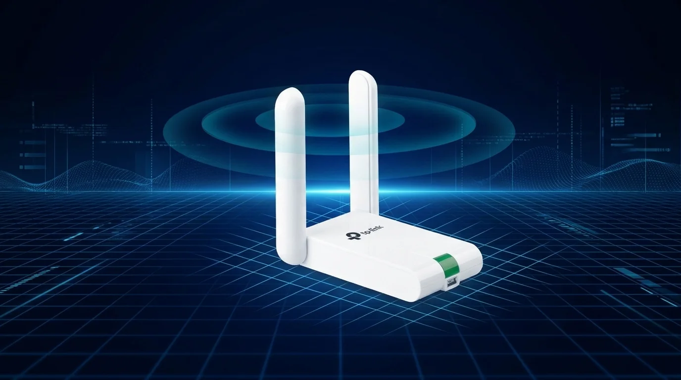 Bílý USB adaptér TP-Link TL-WN822N se dvěma vztyčenými anténami na tmavomodrém digitálním pozadí se šířícím se signálem.