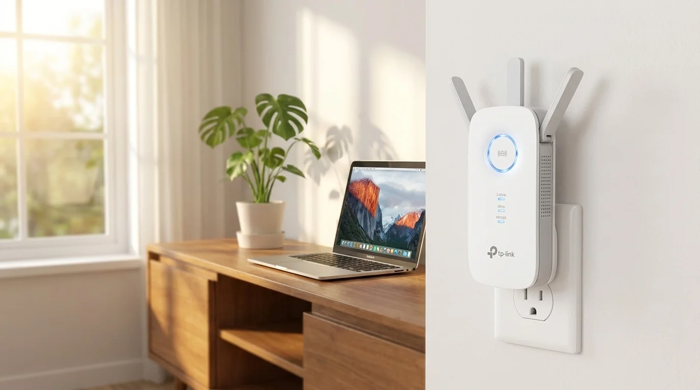 Biely zosilňovač signálu TP-Link RE450 zapojený v zásuvke na stene vedľa dreveného stola s notebookom.
