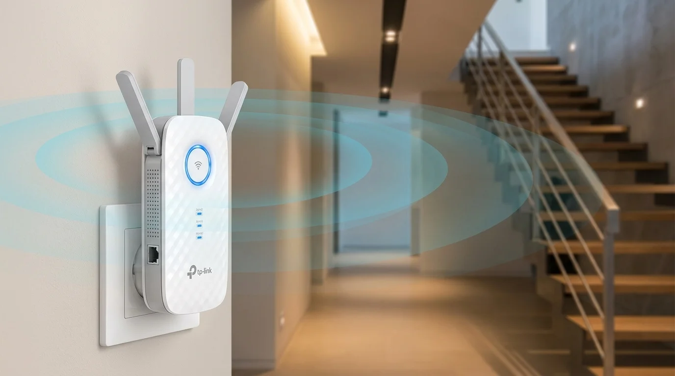 Zosilňovač signálu TP-Link RE450 zapojený do nástennej zásuvky so znázorneným šírením Wi-Fi signálu v chodbe.
