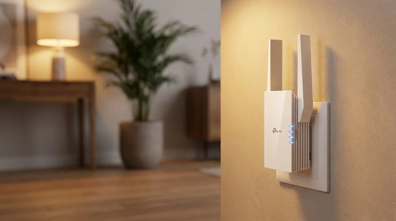 Biely zosilňovač signálu TP-Link RE505X s dvoma anténami zapojený do nástennej zásuvky v interiéri.