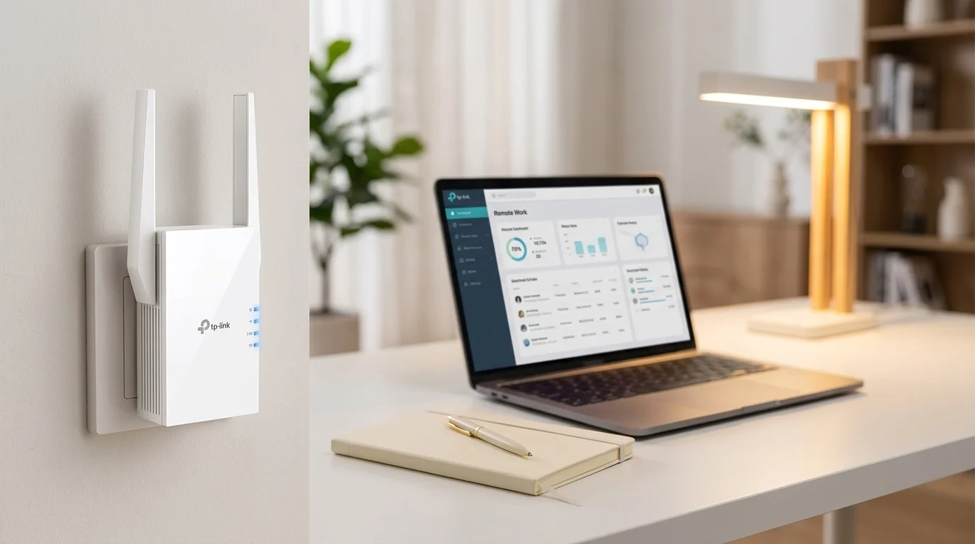 Biely zosilňovač signálu TP-Link RE505X zapojený v zásuvke na stene vedľa pracovného stola s notebookom.