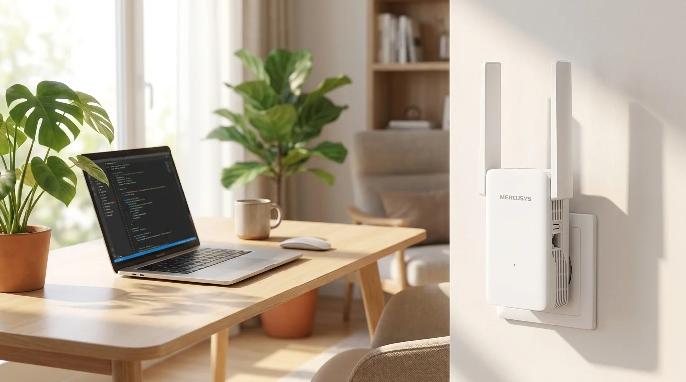Bílý Wi-Fi extender Mercusys ME80X zapojený do zásuvky ve zdi vedle pracovního stolu s notebookem.