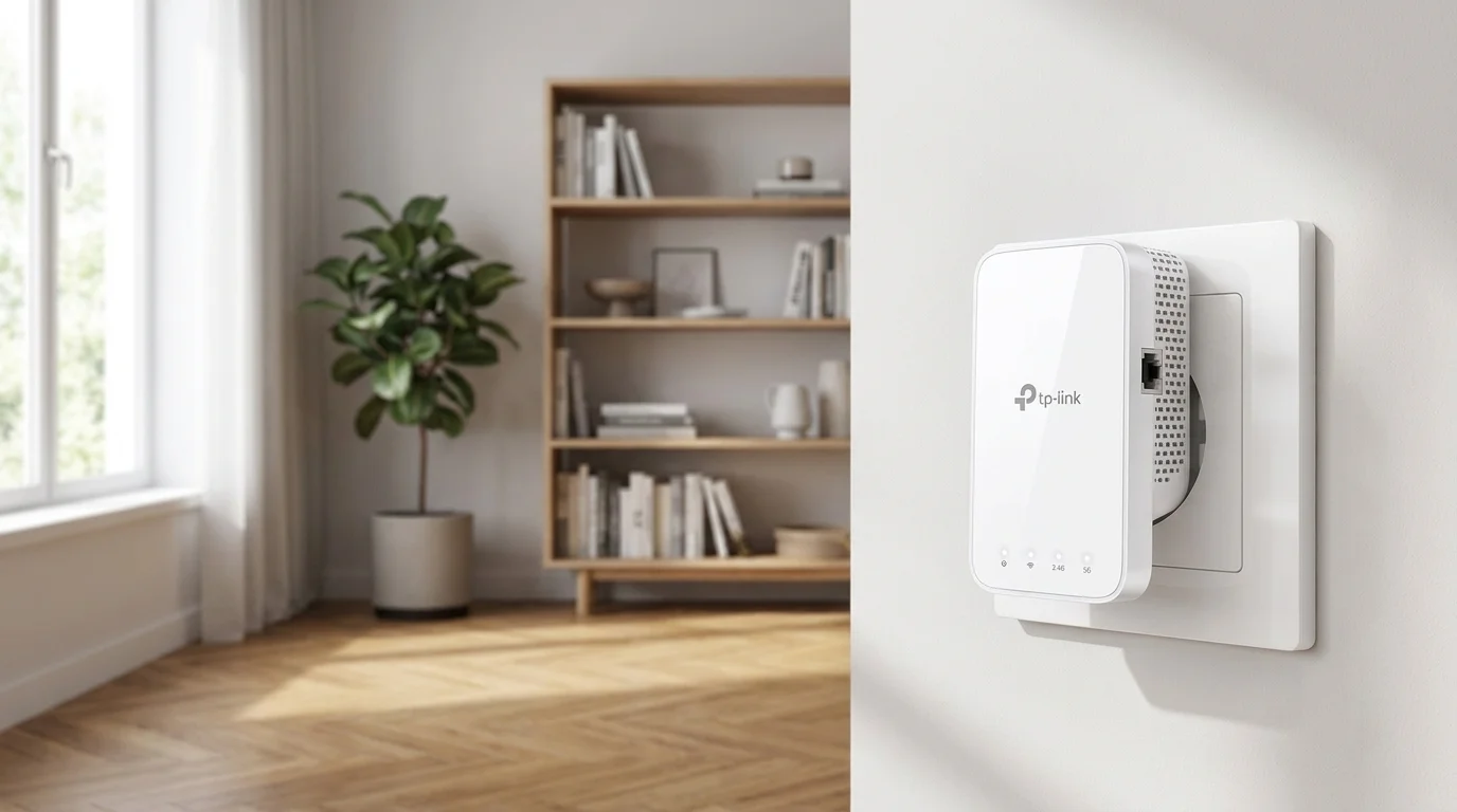 Biely extender TP-Link RE330 zapojený v elektrickej zásuvke na stene v interiéri.
