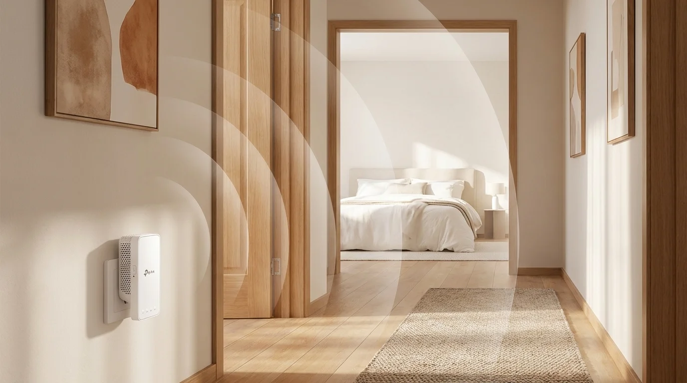 Biely Wi-Fi extender TP-Link RE330 zapojený v zásuvke na chodbe šíri bezdrôtový signál do spálne.