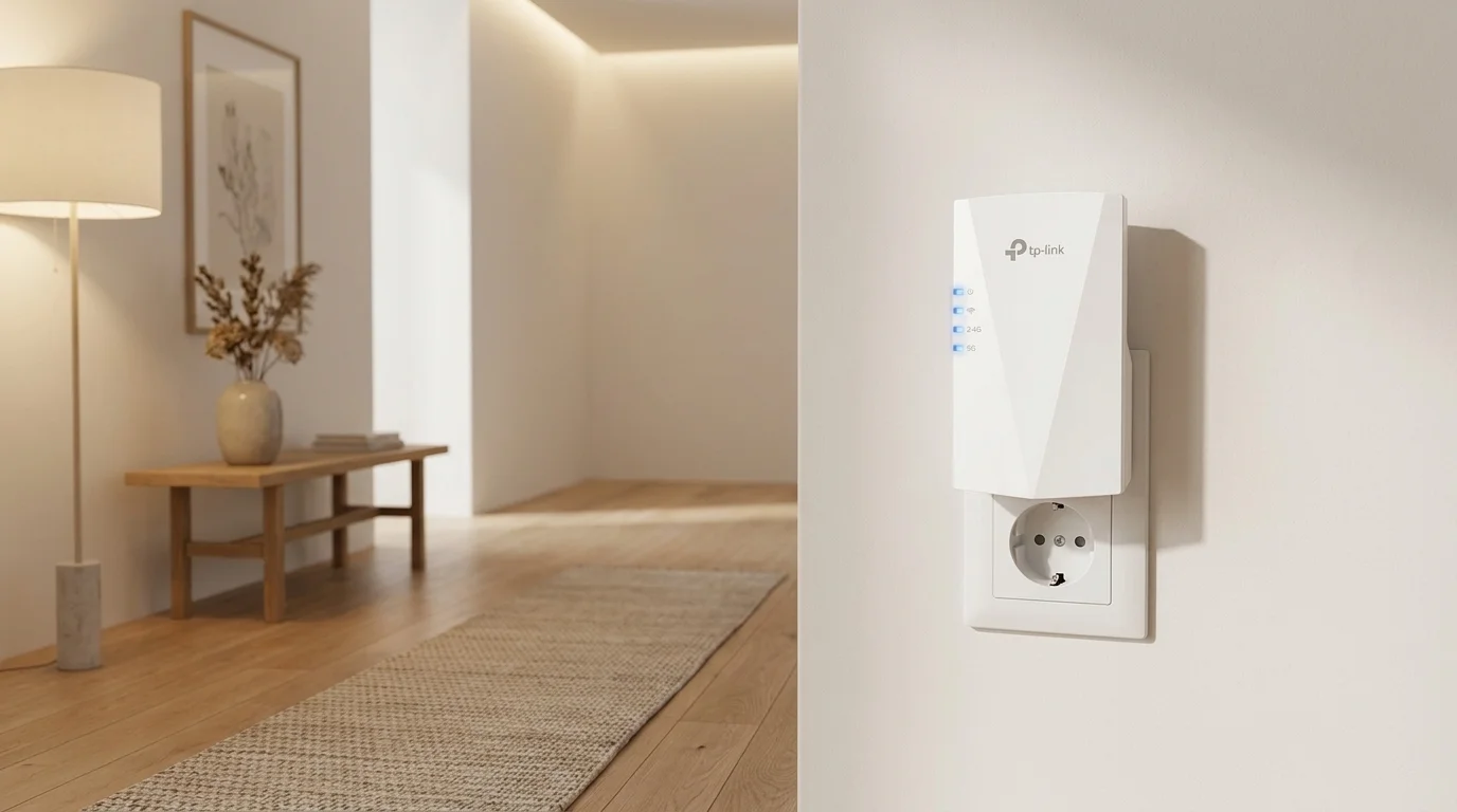 Bílý zesilovač TP-Link RE500X s modrými kontrolkami zapojený v elektrické zásuvce na zdi ve světlé chodbě.