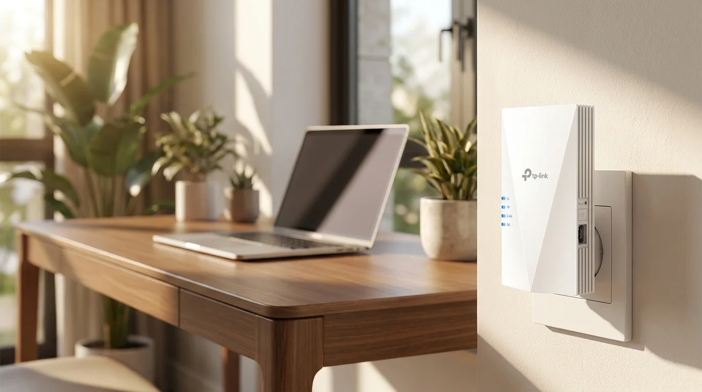 Bílý zesilovač signálu TP-Link RE500X zapojený do zásuvky na zdi v místnosti s pracovním stolem a notebookem.