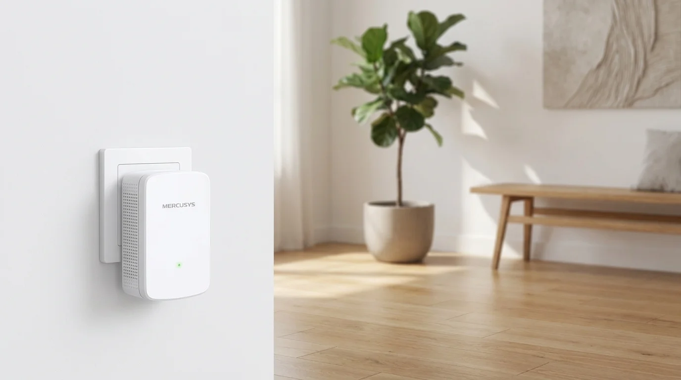 Kompaktný biely Wi-Fi extender MERCUSYS ME10 zapojený do elektrickej zásuvky na stene v interiéri.