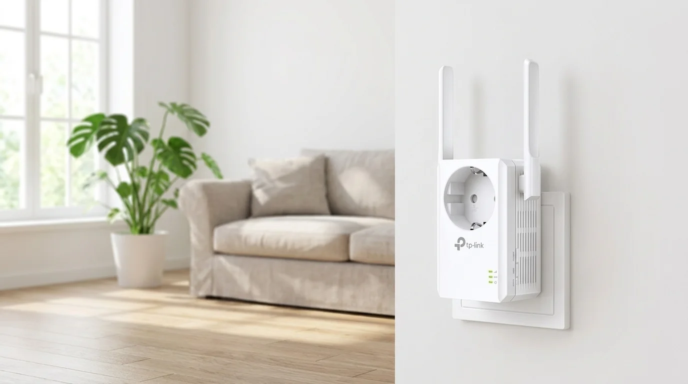 Biely Wi-Fi extender TP-Link TL-WA860RE s dvoma anténami zapojený v elektrickej zásuvke na stene v obývacej izbe.