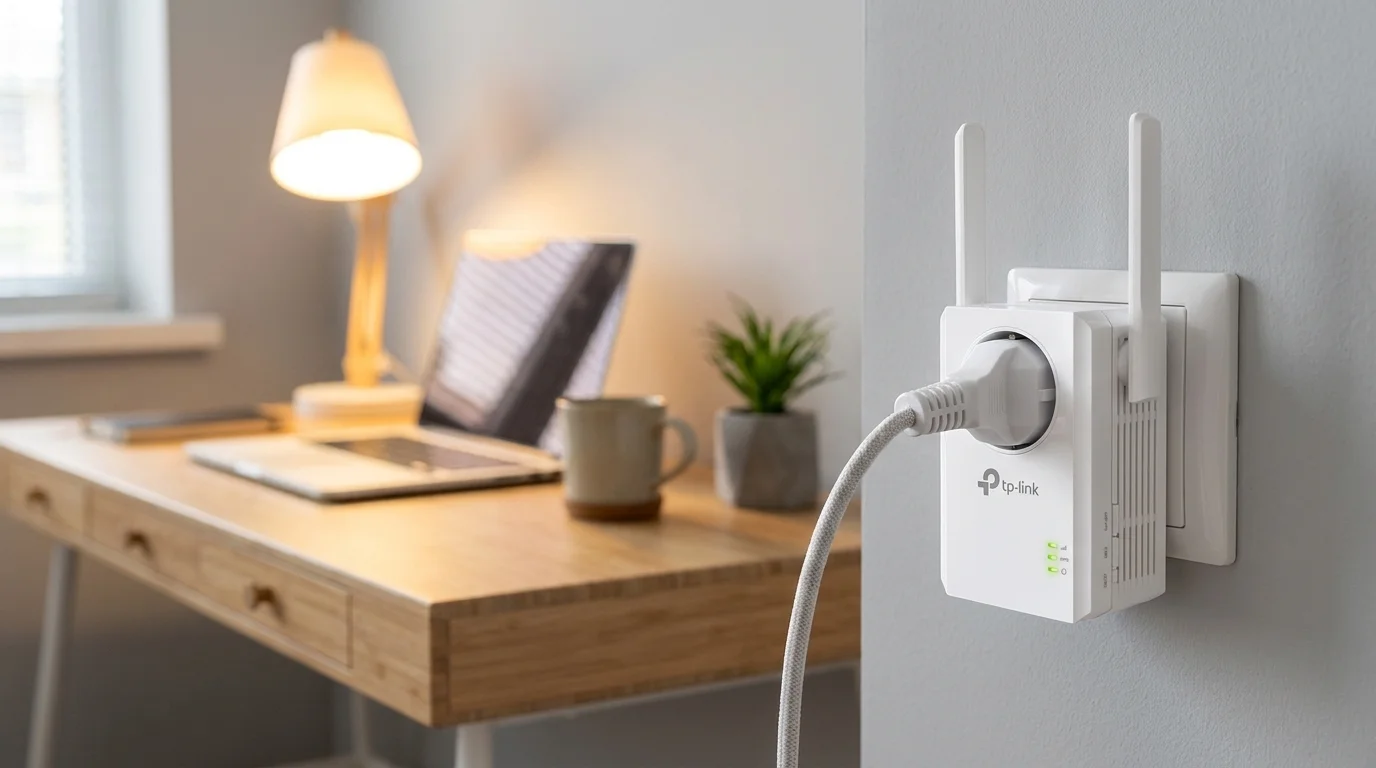 Biely Wi-Fi extender TP-Link TL-WA860RE zapojený do nástennej zásuvky s pripojenou zástrčkou v priechodnej zásuvke.