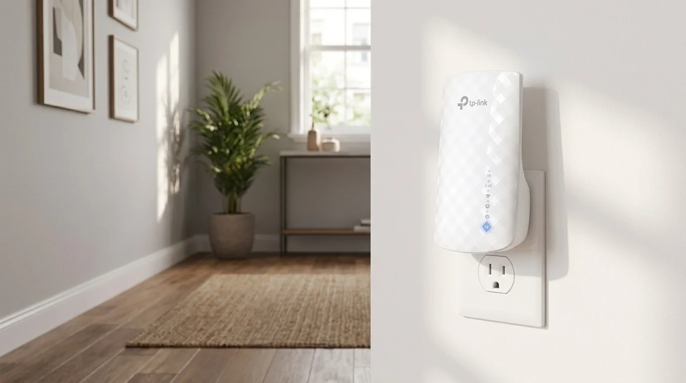 Bílý Wi-Fi extender TP-Link RE190 zapojený do elektrické zásuvky na zdi v interiéru.