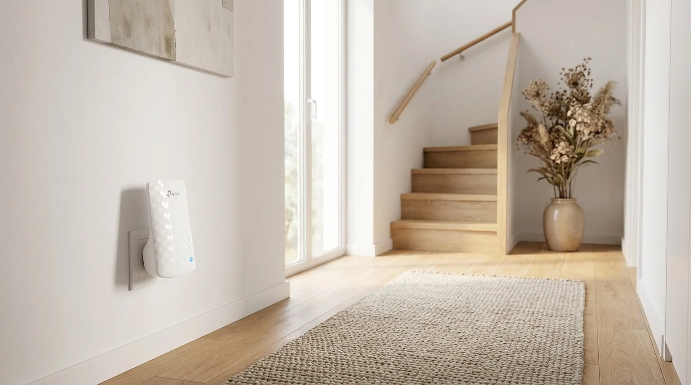 Bílý Wi-Fi extender TP-Link RE190 zapojený v elektrické zásuvce na stěně ve světlé chodbě s dřevěnou podlahou a schodištěm.
