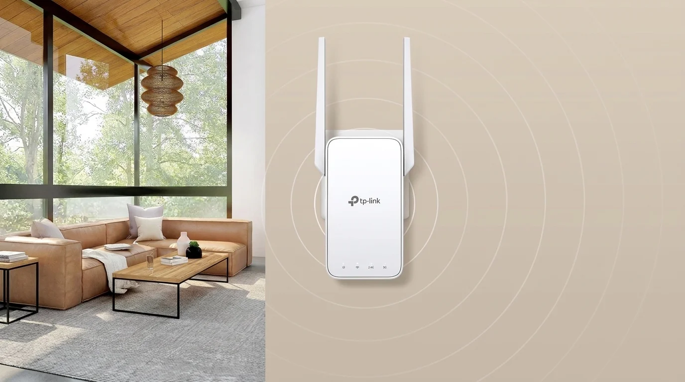 Wi-Fi extender TP-Link RE315 se dvěma anténami šíří bezdrátový signál v moderním obývacím pokoji.