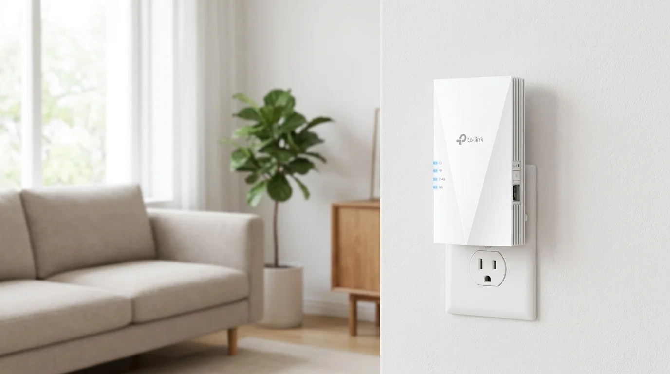 Biely zosilňovač signálu TP-Link RE700X zapojený do elektrickej zásuvky na stene v obývacej izbe.