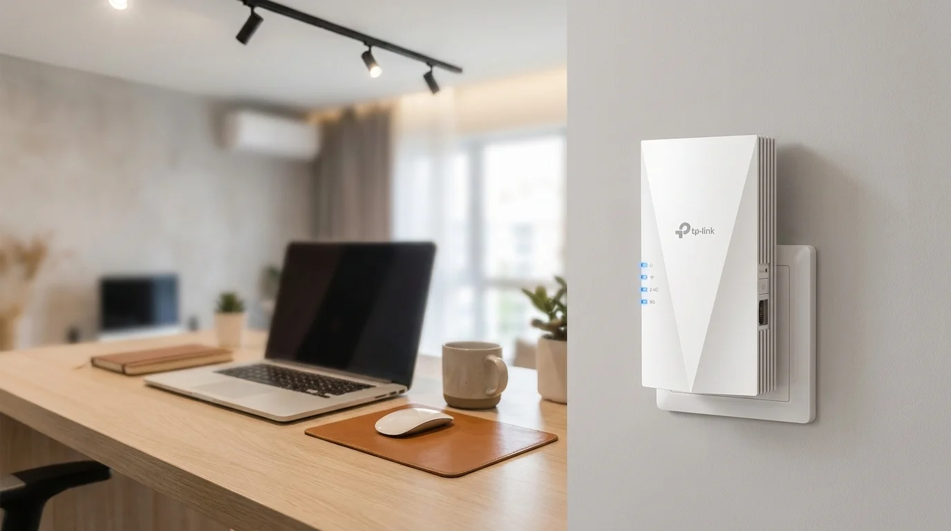 Biely zosilňovač signálu TP-Link RE700X zapojený do elektrickej zásuvky na stene vedľa pracovného stola s notebookom.
