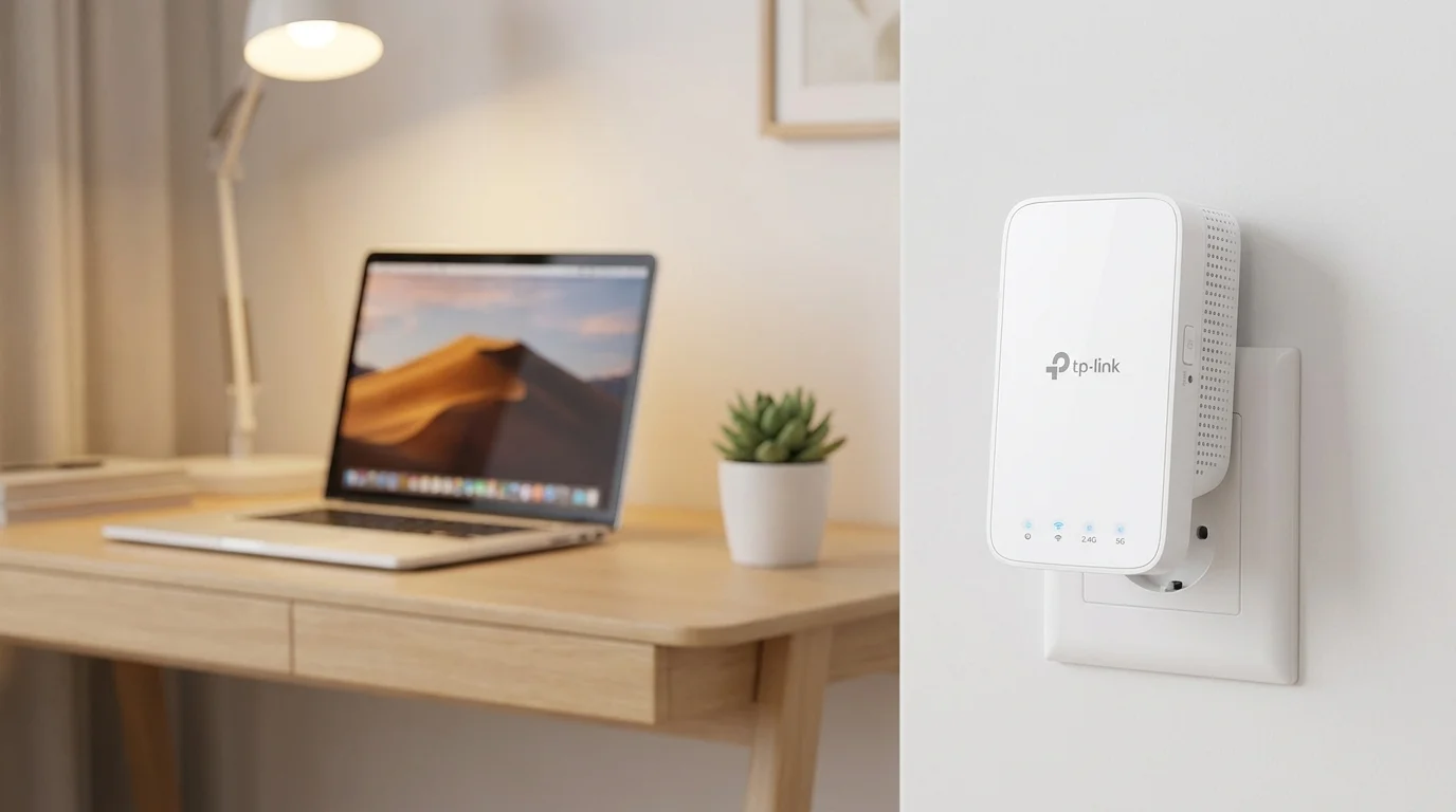 Biely Wi-Fi extender TP-Link RE300 zapojený v elektrickej zásuvke na stene vedľa pracovného stola s notebookom.