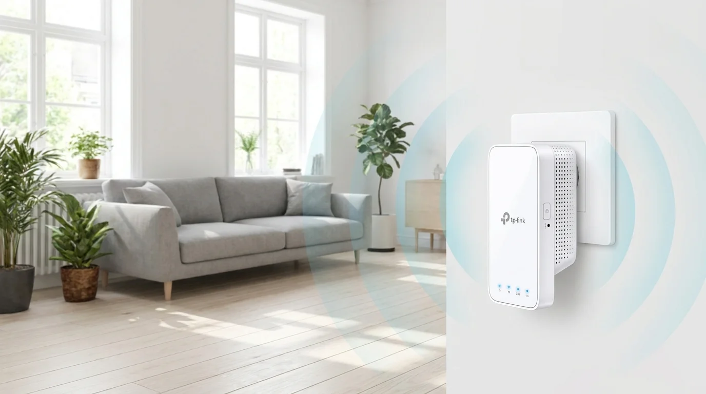 Biely Wi-Fi extender TP-Link RE300 zapojený v nástennej zásuvke šíri bezdrôtový signál v obývacej izbe.