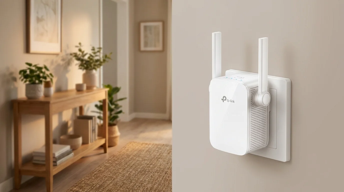 Biely zosilňovač signálu TP-Link RE205 s dvoma anténami zapojený do nástennej elektrickej zásuvky v interiéri.
