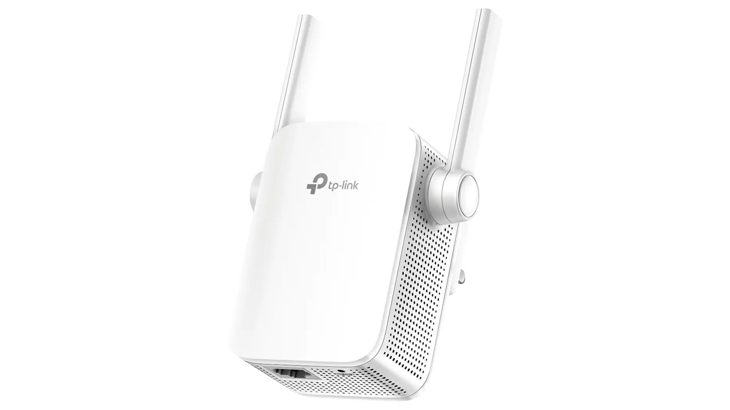 Biely zosilňovač signálu TP-Link RE205 s dvoma externými anténami a ethernetovým portom na spodnej strane.