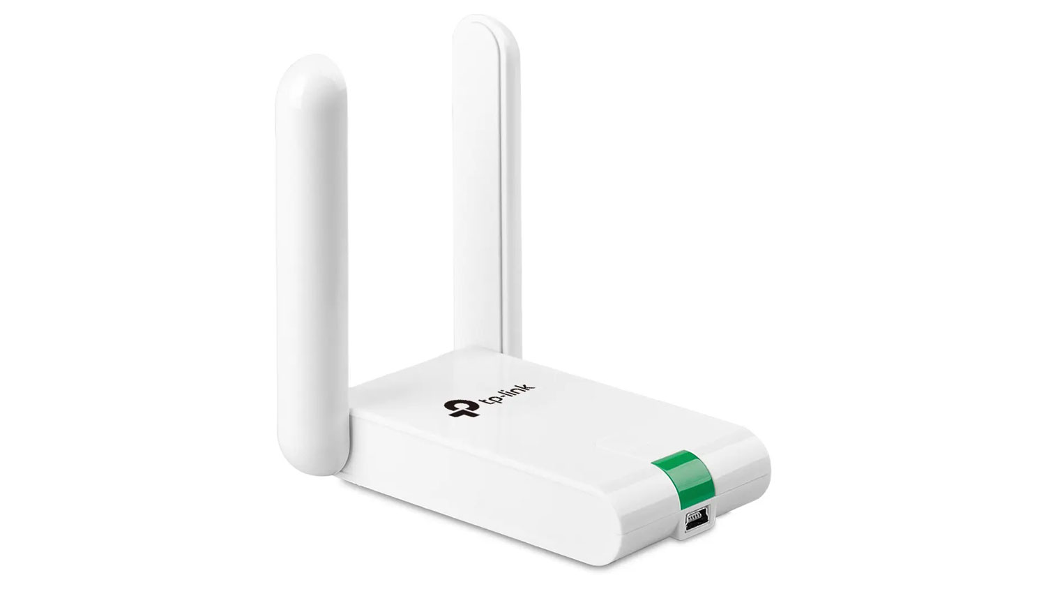 Bílý Wi-Fi USB adaptér TP-Link TL-WN822N se dvěma vztyčenými anténami a mini USB portem.
