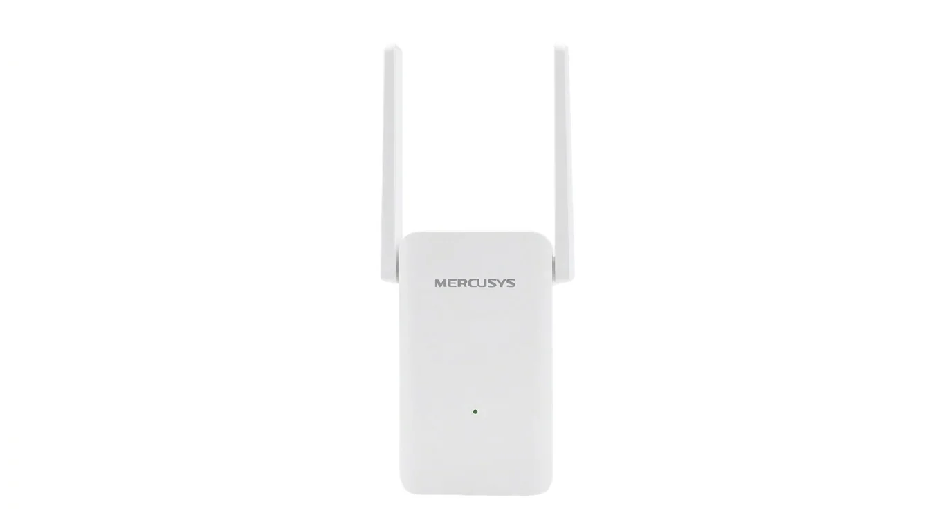 Bílý Wi-Fi extender Mercusys ME80X se dvěma vztyčenými anténami a LED kontrolkou.