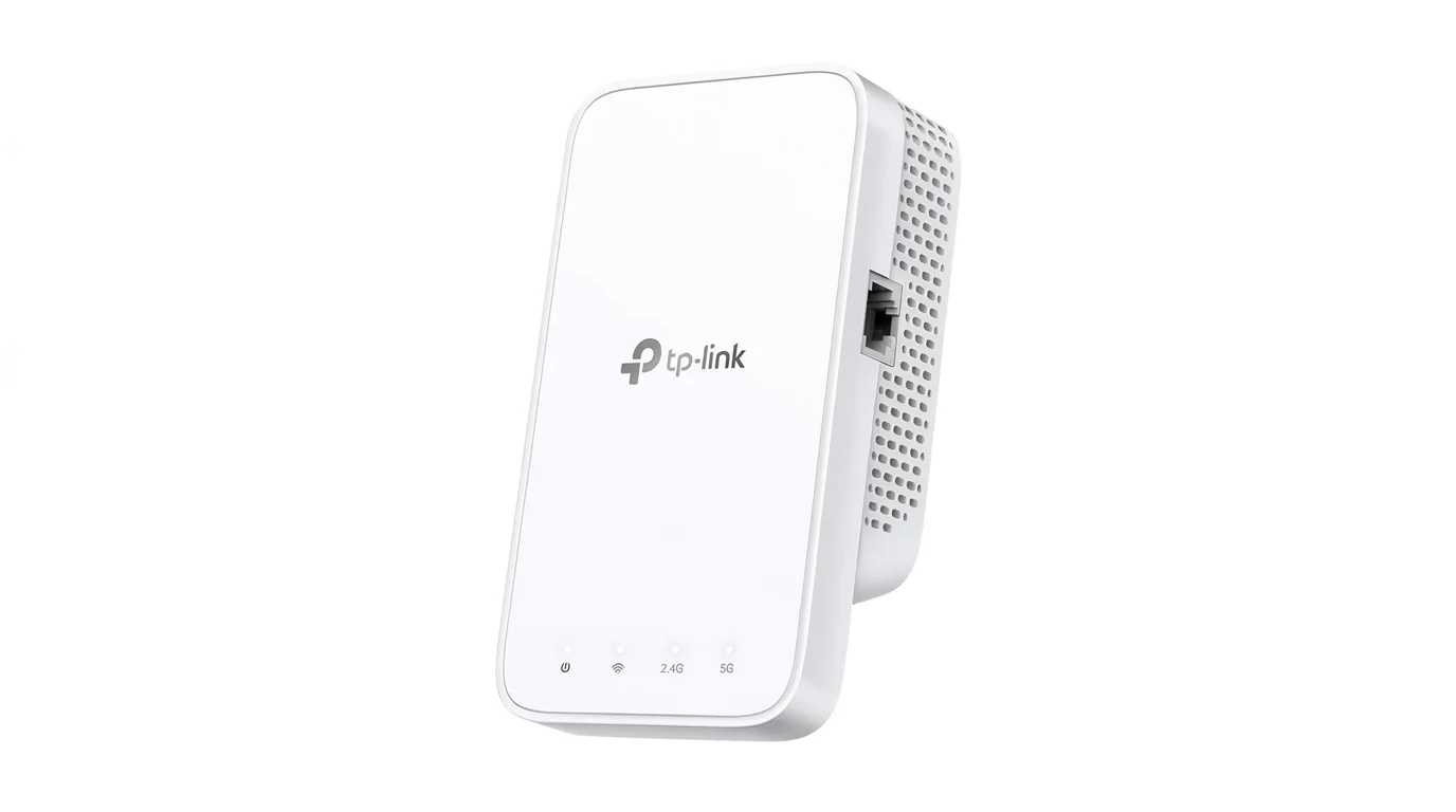 Biely Wi-Fi extender TP-Link RE330 s ethernetovým portom na boku a LED indikátormi v spodnej časti.