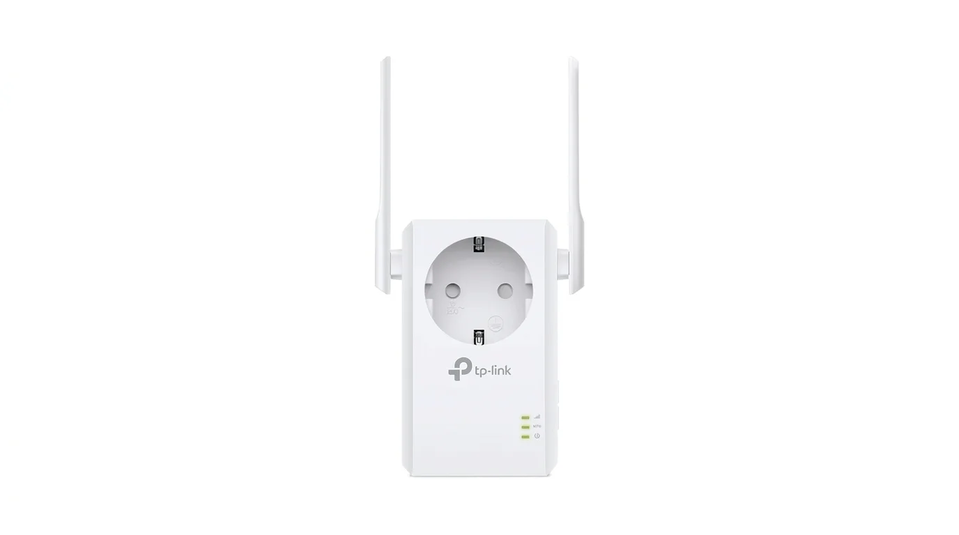 Biely Wi-Fi extender TP-Link TL-WA860RE s priechodnou elektrickou zásuvkou a dvoma bočnými anténami.
