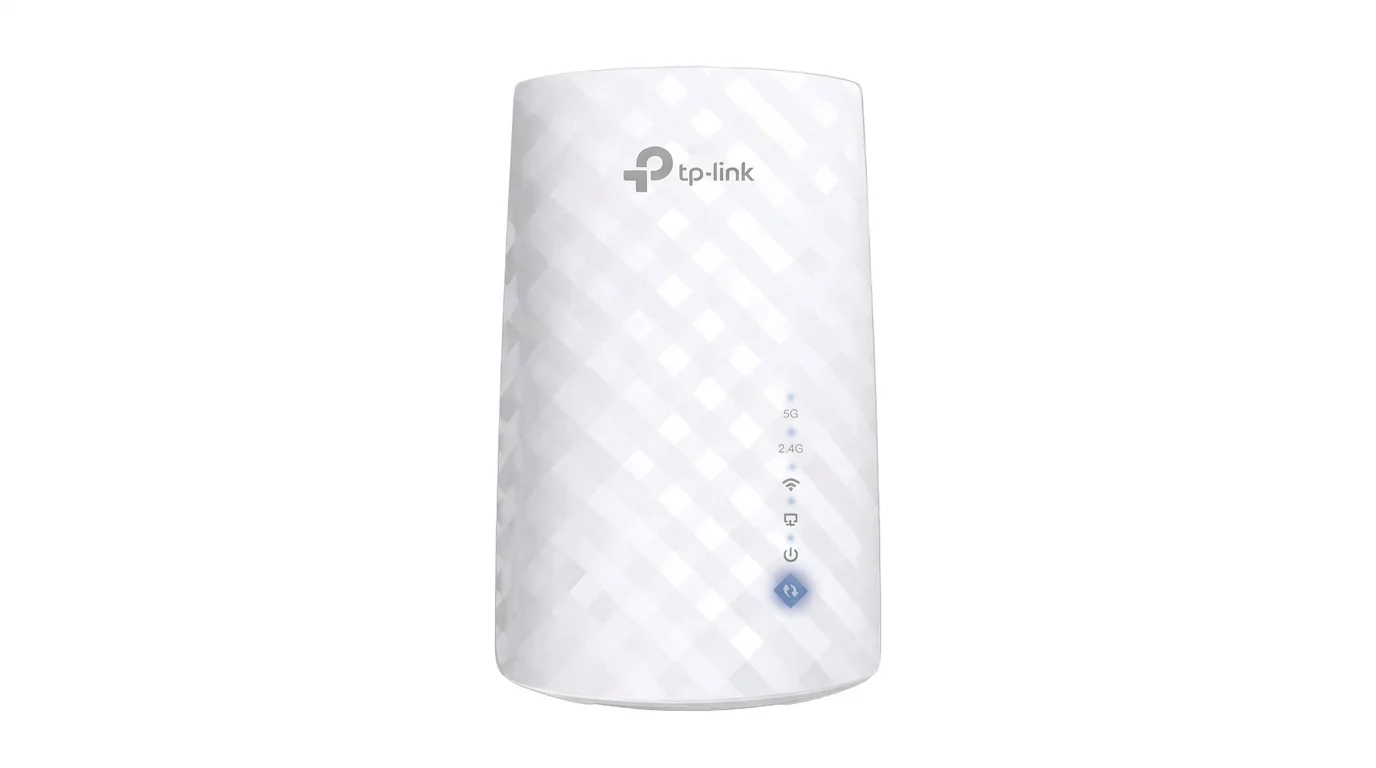 Bílý Wi-Fi extender TP-Link RE190 s texturovaným vzorem a LED indikátory na přední straně.
