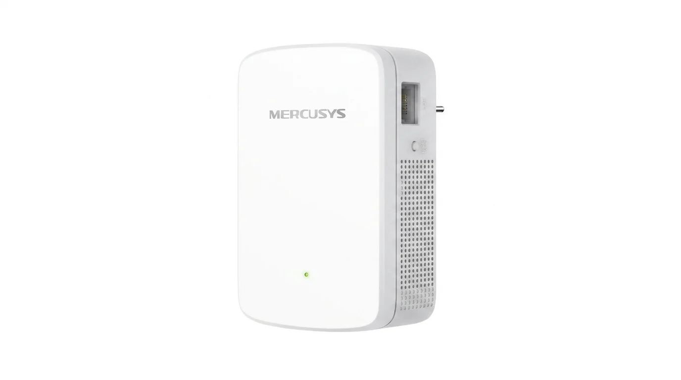 Bílý Wi-Fi extender Mercusys ME20 s ethernetovým portem na boku a LED indikátorem na přední straně.