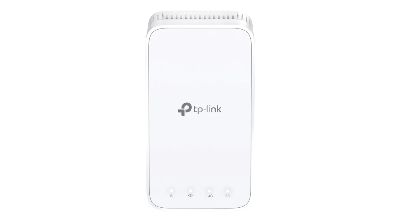 Biely Wi-Fi extender TP-Link RE300 z čelného pohľadu so štyrmi LED kontrolkami v spodnej časti.