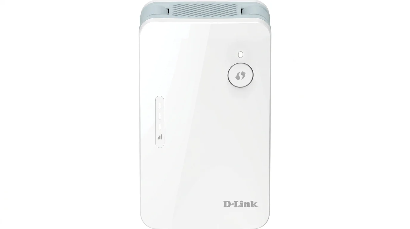 Bílý zesilovač signálu D-Link E15 s tlačítkem WPS, LED indikátory a logem na přední straně.