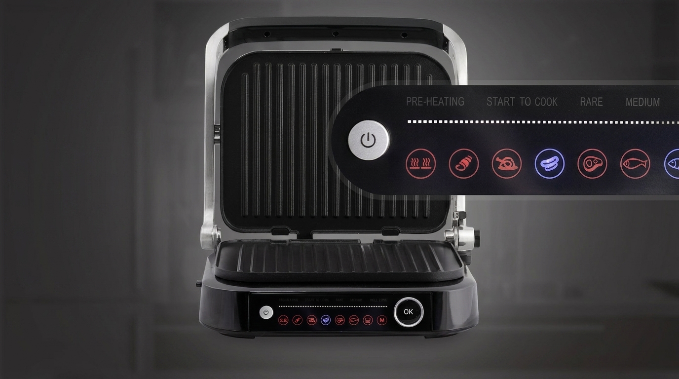 Otevřený stolní gril Orava Grillchef-2 s detailem na digitální ovládací panel s barevnými ikonami programů a indikátorem průběhu přípravy.