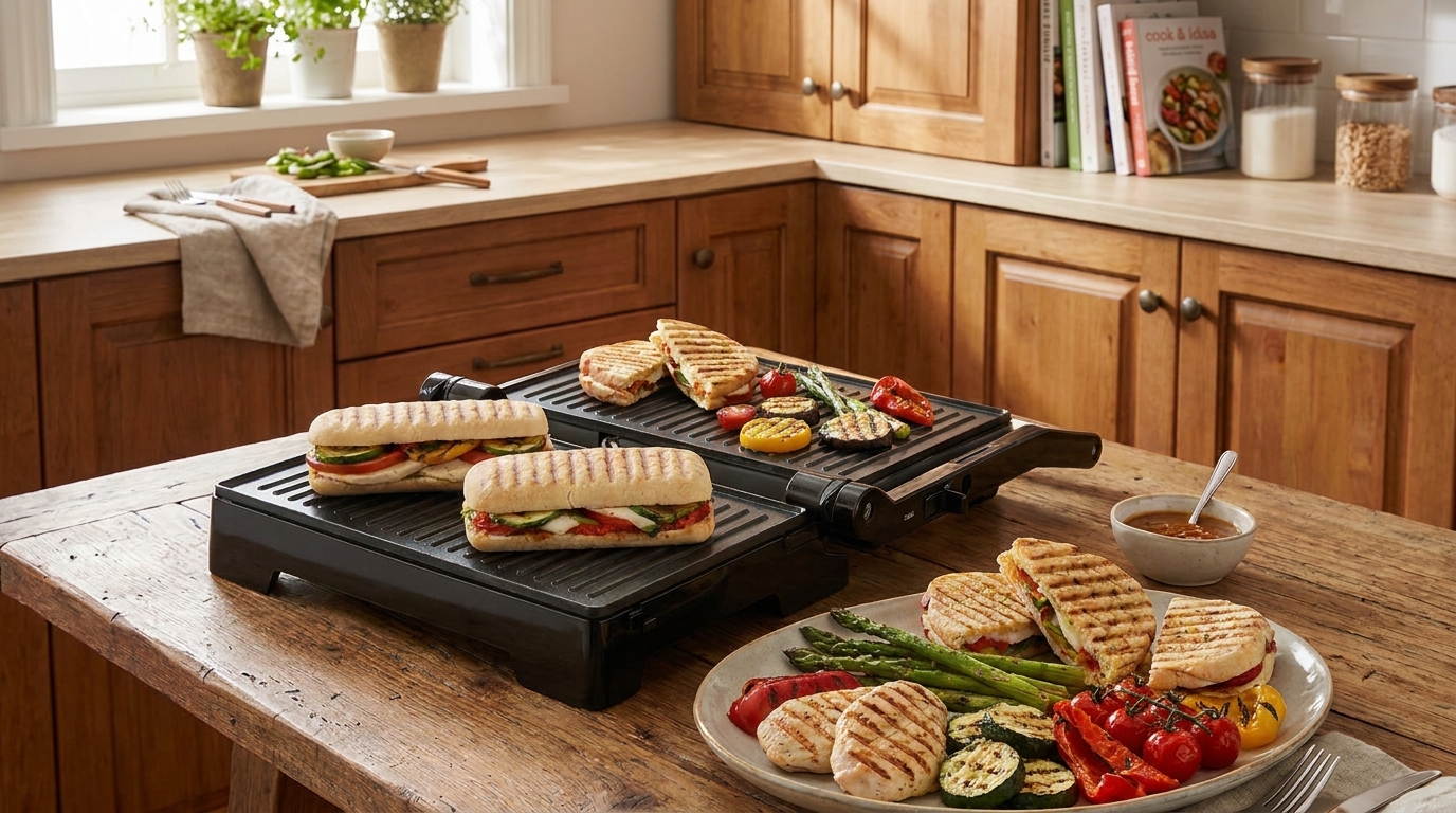 Kontaktní gril Ufesa Haku rozevřený na 180° s grilovanými panini a zeleninou na dřevěném stole.