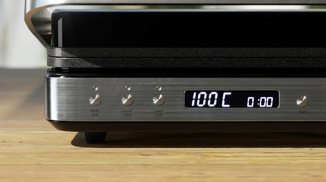 Detailní pohled na ovládací panel grilu Orava Grillchef-3 s LCD displejem zobrazujícím teplotu 100 C a časový údaj 0:00.