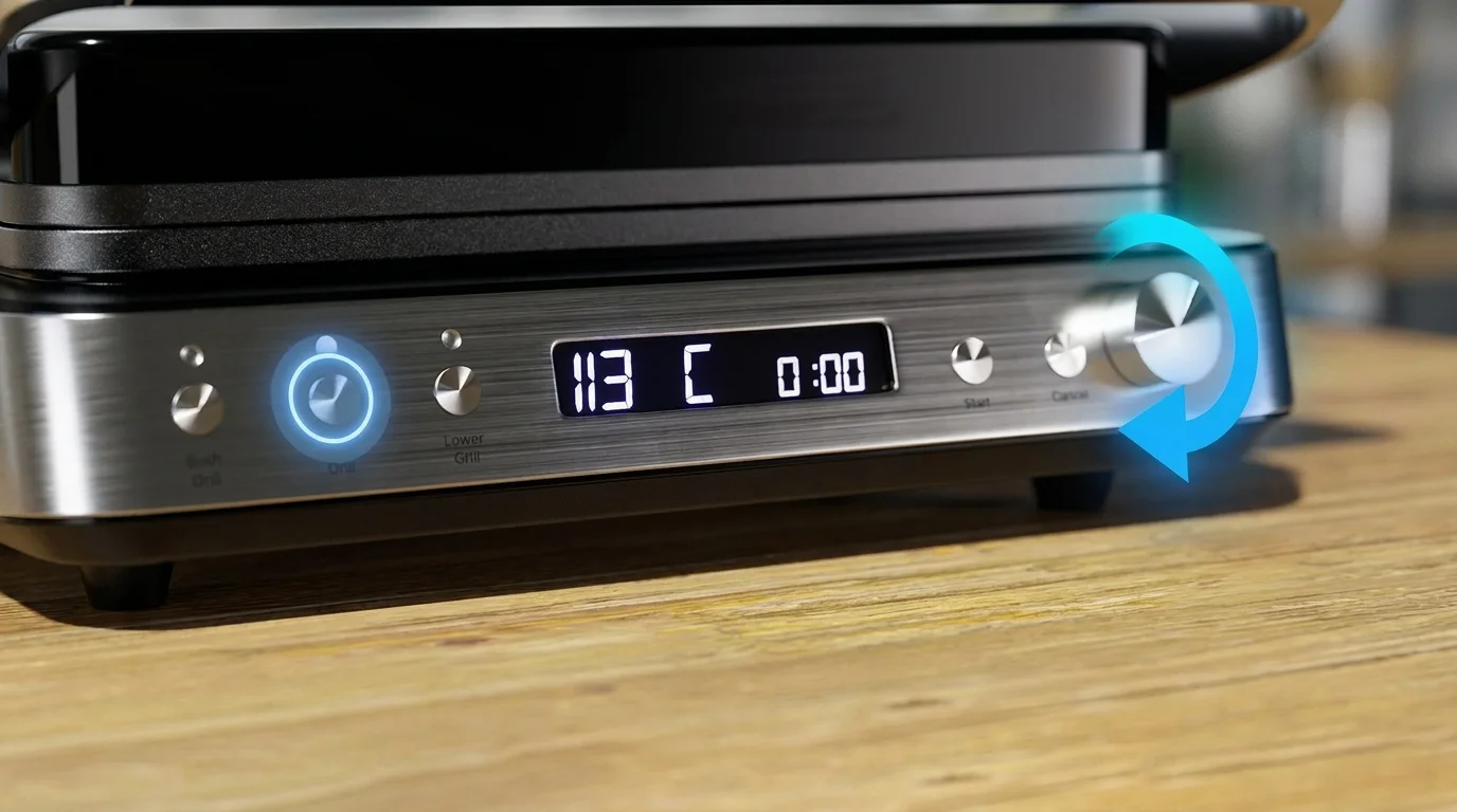 Detail ovládacího panelu grilu Orava Grillchef-3 s LCD displejem zobrazujícím 113 °C a otočným regulátorem s modrou šipkou.