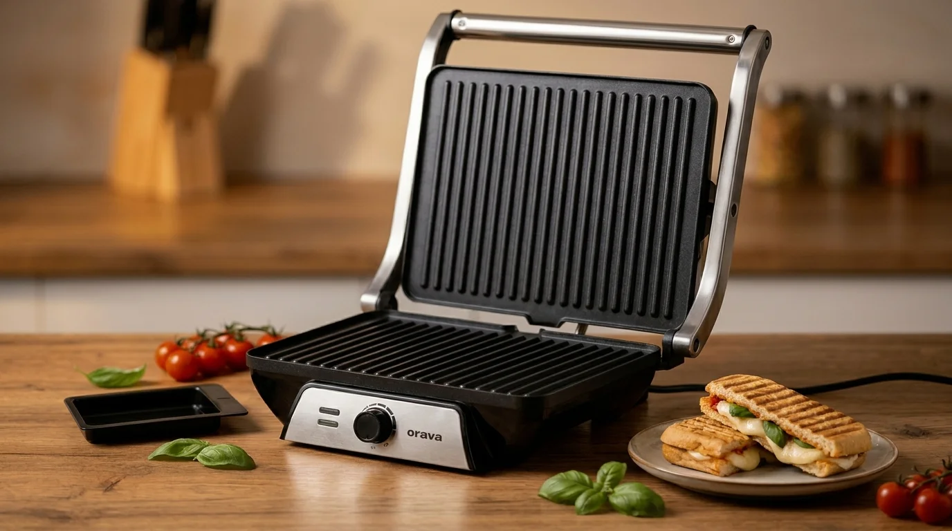 Otevřený kontaktní gril Orava Grillchef-4 na dřevěném stole vedle talíře s grilovanými panini, rajčaty a bazalkou.