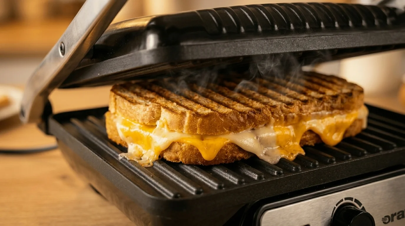 Kontaktní gril Orava Grillchef-4 zapéká křupavý sendvič s bohatou vrstvou rozteklého sýra, ze kterého stoupá pára.