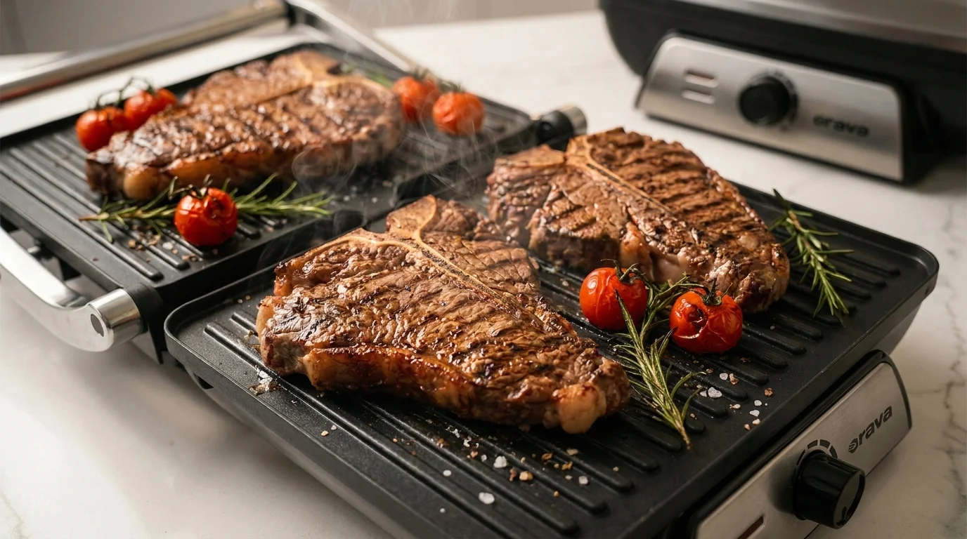 Rozložený kontaktní gril Orava Grillchef-4 s grilovanými steaky, rajčaty a rozmarýnem.