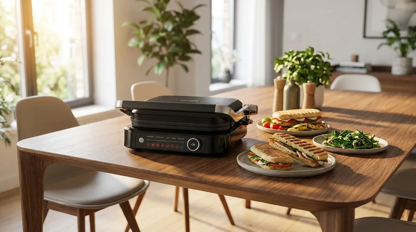 Stolní gril Orava Grillchef-2 na dřevěném stole vedle talířů s grilovanými panini a salátem.