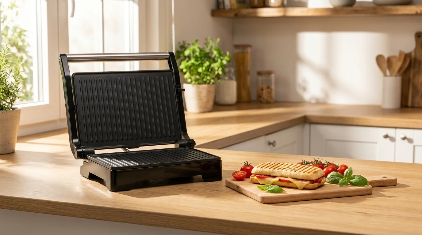 Otevřený kontaktní gril Ufesa Haku na dřevěné kuchyňské lince vedle zapečeného panini na dřevěném prkénku.