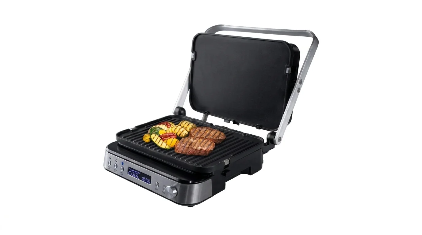 Otevřený stolní gril Orava Grillchef-3 s grilovaným masem a zeleninou na spodní žebrované desce a s rozsvíceným LCD displejem.