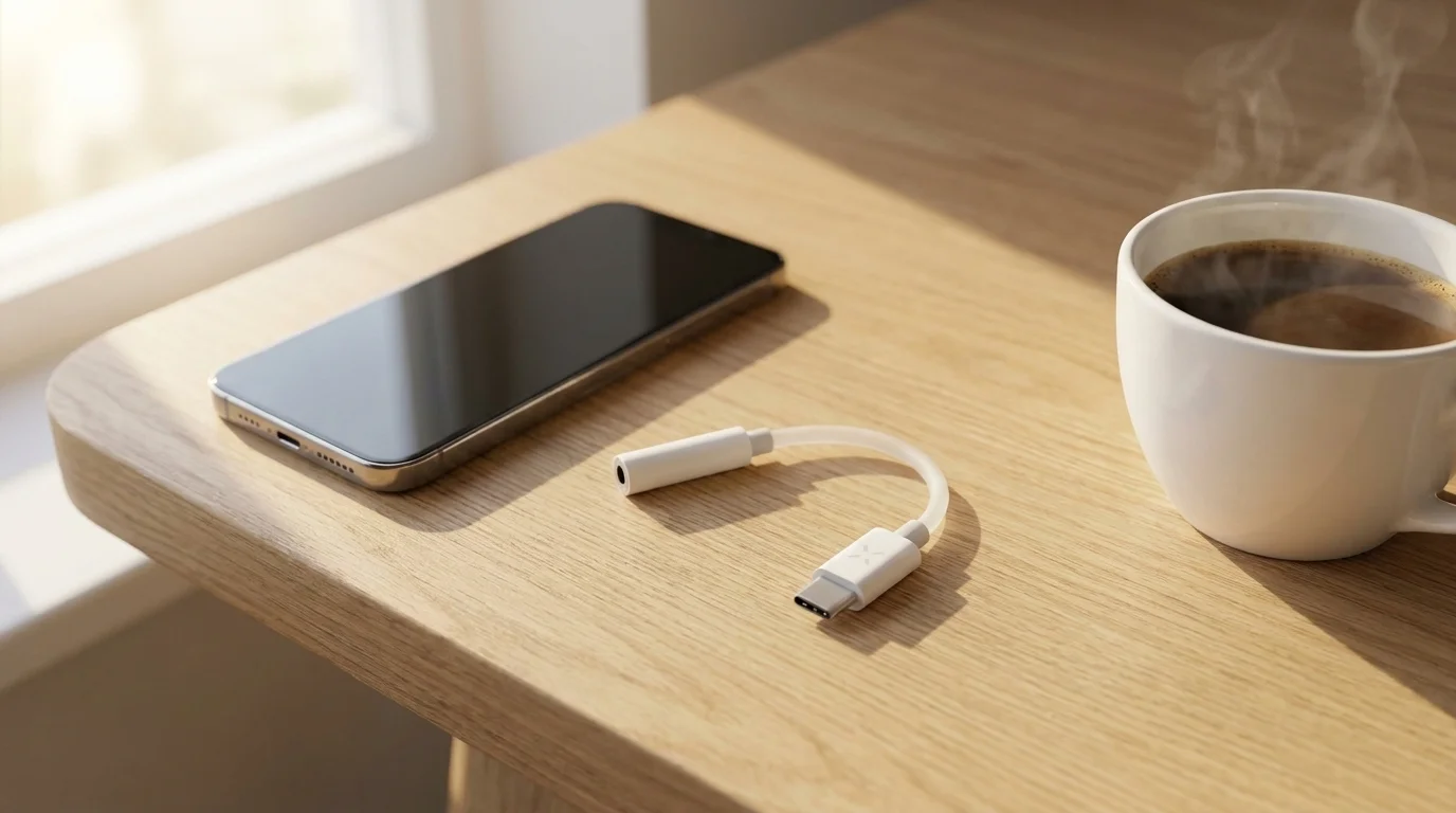 Bílý adaptér FIXED z USB-C na 3,5mm jack položený na dřevěném stole vedle smartphonu a šálku kávy.