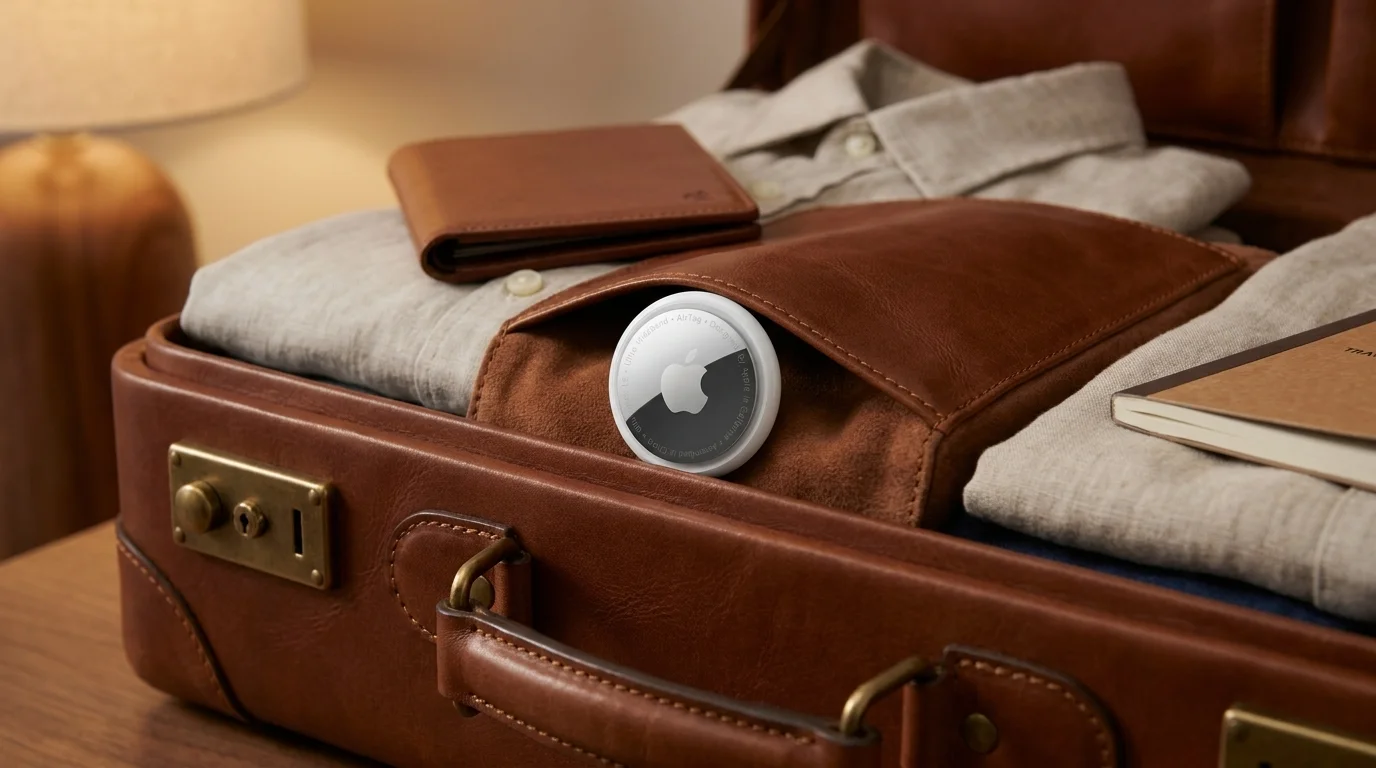 Apple AirTag zasunutý v kožené vnitřní kapse otevřeného kufru mezi sbaleným oblečením.