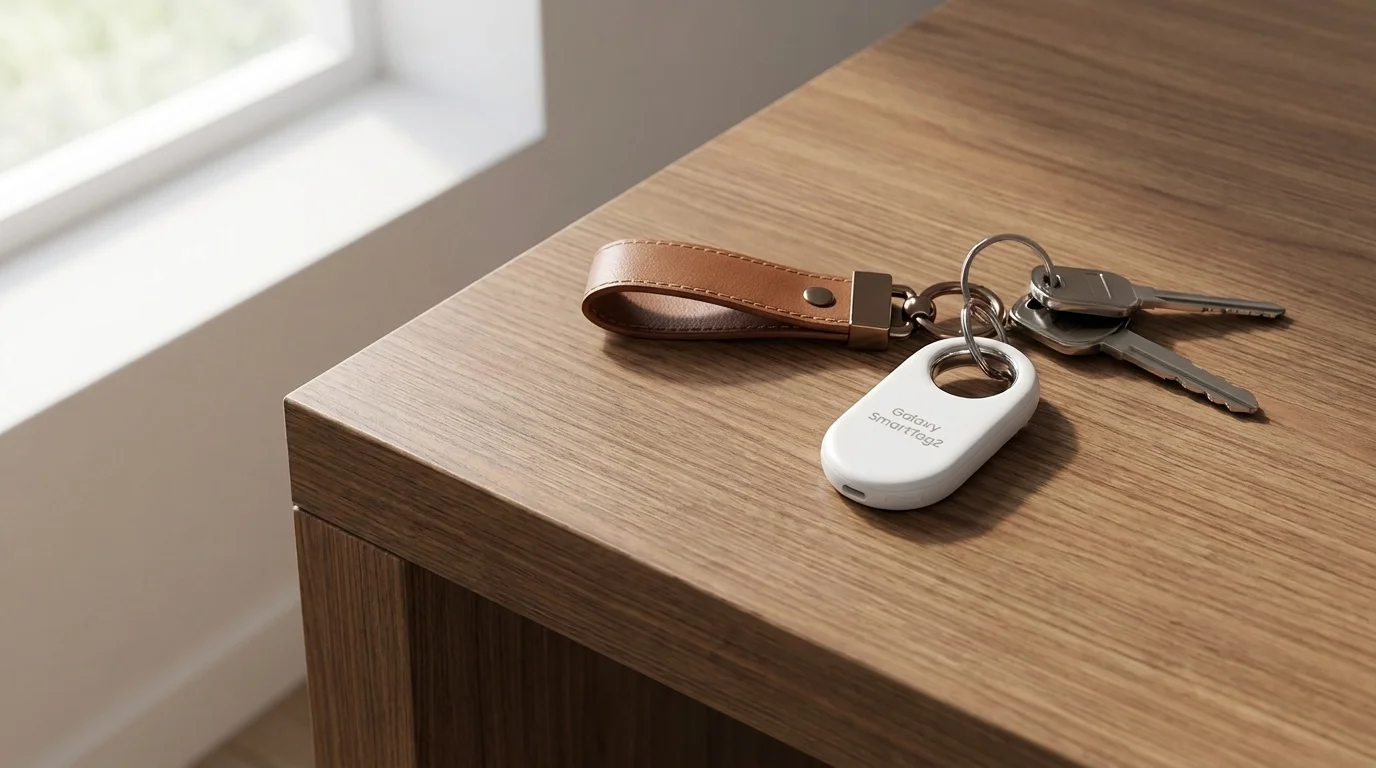 Bílý lokátor Samsung Galaxy SmartTag2 připevněný na svazku klíčů s hnědým koženým poutkem ležící na dřevěném stole.