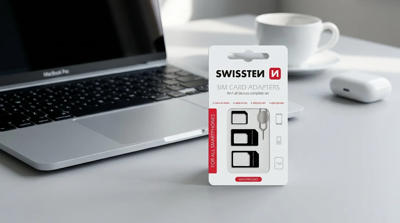 Balení sady SIM adaptérů Swissten 4v1 s vysunovacím pinem na pracovním stole vedle otevřeného notebooku.
