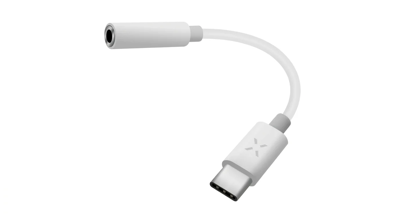 Bílý sluchátkový adaptér FIXED s konektorem USB-C a portem 3,5mm jack propojenými krátkým kabelem.
