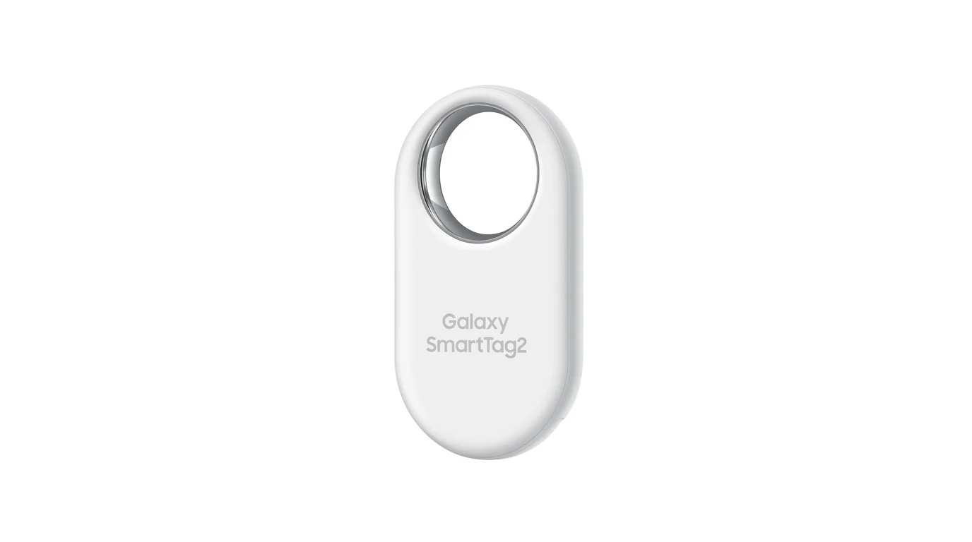 Bílý lokátor Samsung Galaxy SmartTag2 oválného tvaru s velkým kruhovým otvorem pro zavěšení.