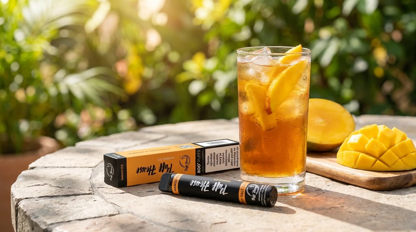 E-cigareta Puff House 800 Mango Ice s krabičkou vedle sklenice ledového nápoje a čerstvého manga na kamenném stole.