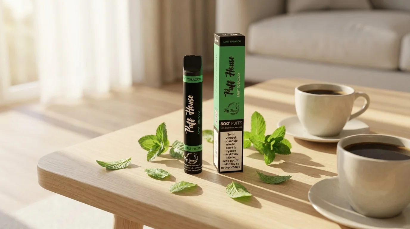 E-cigareta Puff House Mint Tobacco s krabičkou, mátovými lístky a šálky kávy na dřevěném stole.